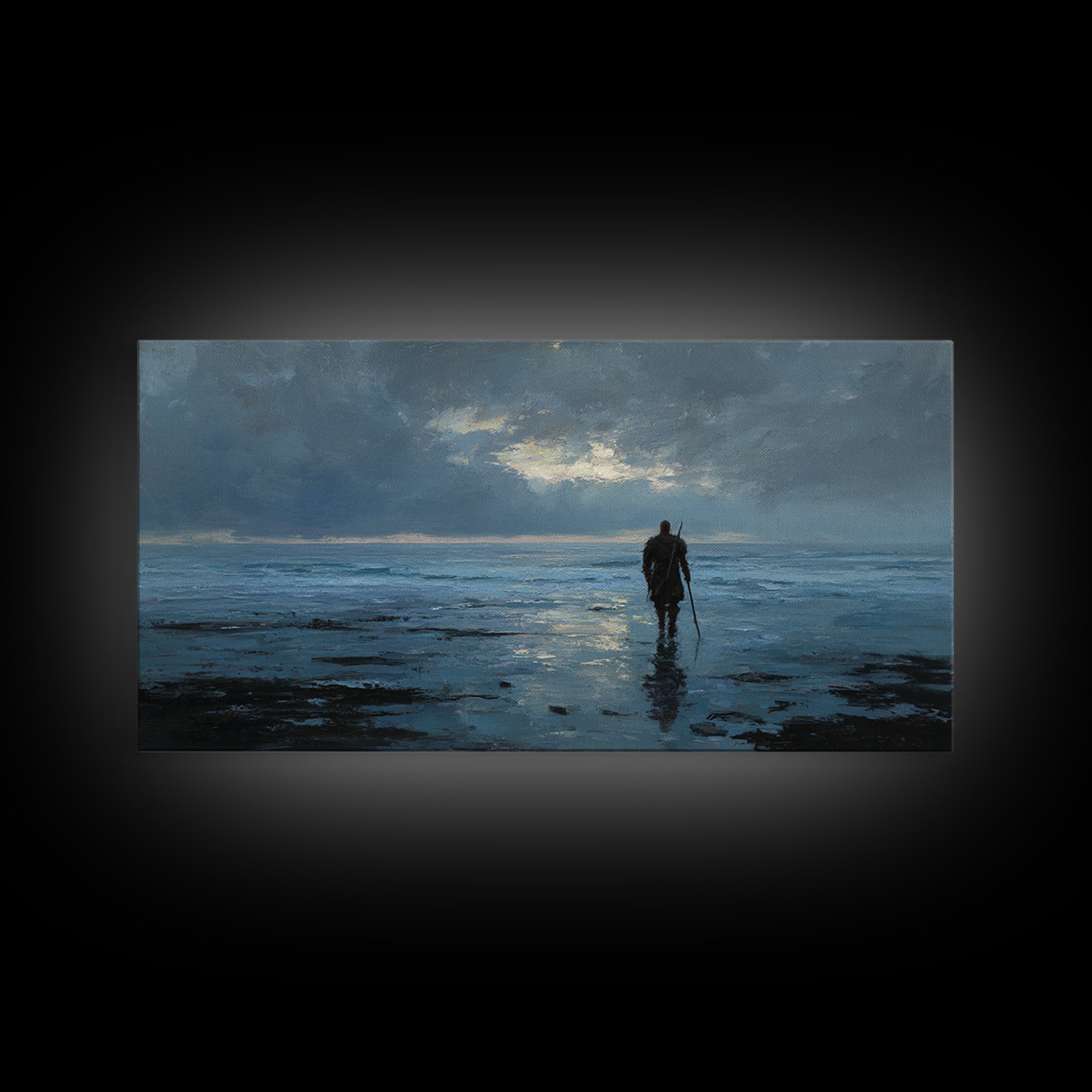 Lone Warrior Wading Through Blue Seascape Wall Art, Moody Ocean Canvas Print For Bedroom Decor And Masculine Office Decor