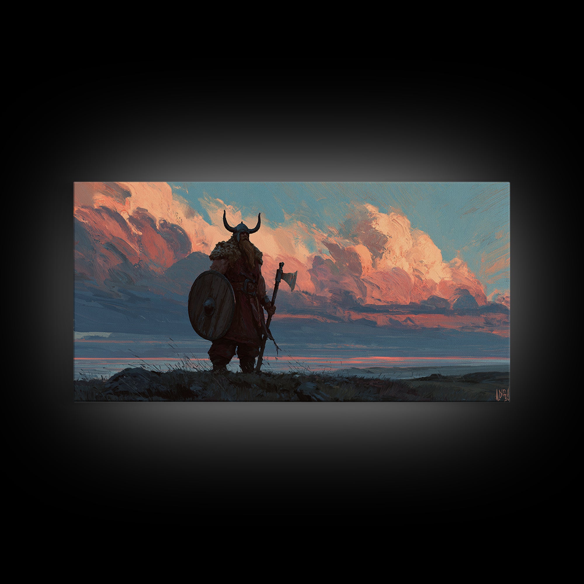 Horned Viking At Sunset Over Fjord Canvas Print, Nordic Landscape Wall Decor, Western Rustic Home Decor, Masculine Art Gift