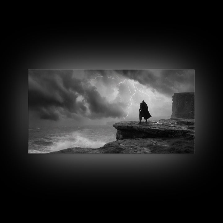 Dark Warrior On Stormy Sea Cliff Wall Art, Black And White Art, Gothic Wall Art, Moody Seascape, Masculine Office Decor