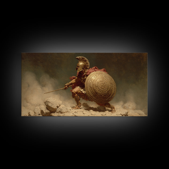 Golden Spartan Warrior With Round Shield Canvas Print, Ancient Greek Wall Art, Mythological Battle Decor For Masculine Office