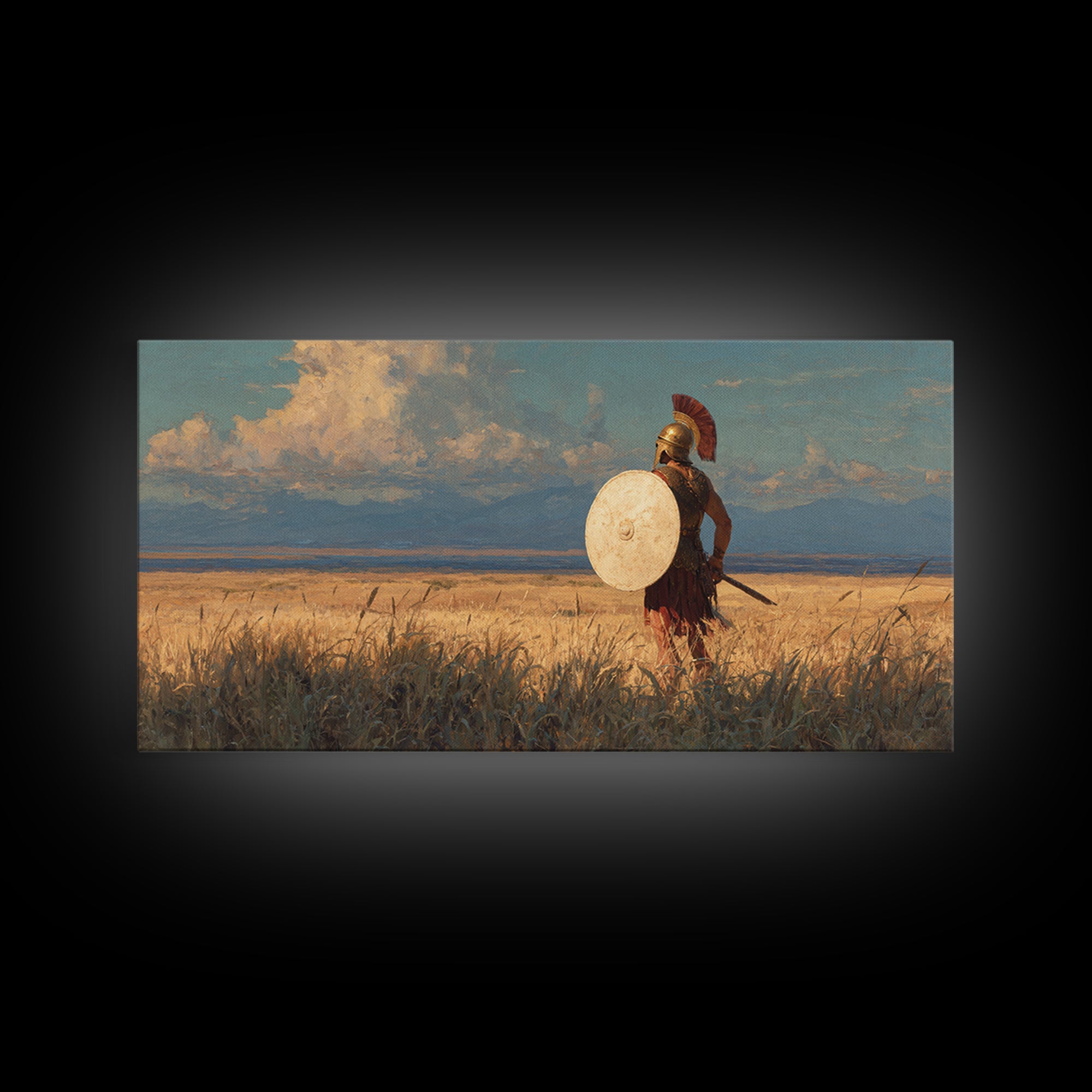 Spartan Warrior In Golden Field Framed Canvas Print, Ancient Greek Landscape Wall Decor, Historical Wall Art For Home Decor
