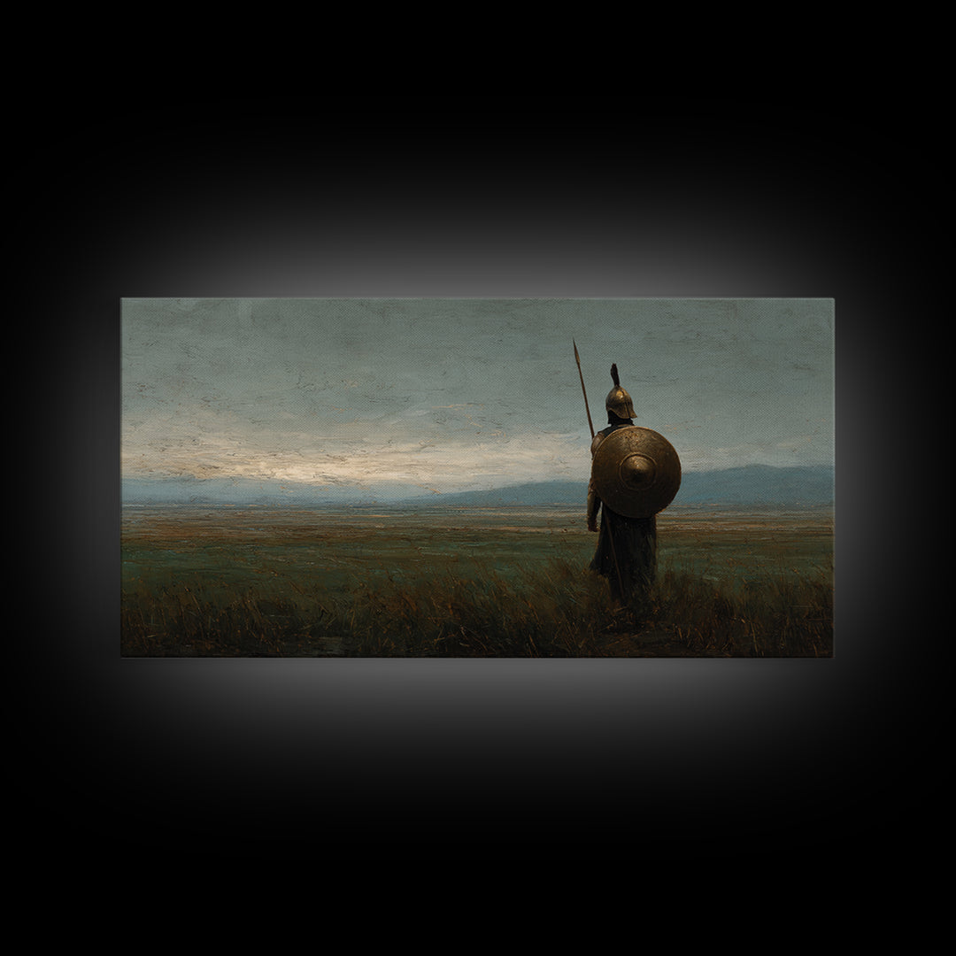 Ancient Shield Warrior In Quiet Field Wall Art Historical Landscape Painting, Greek Soldier Canvas Print For Office Decor