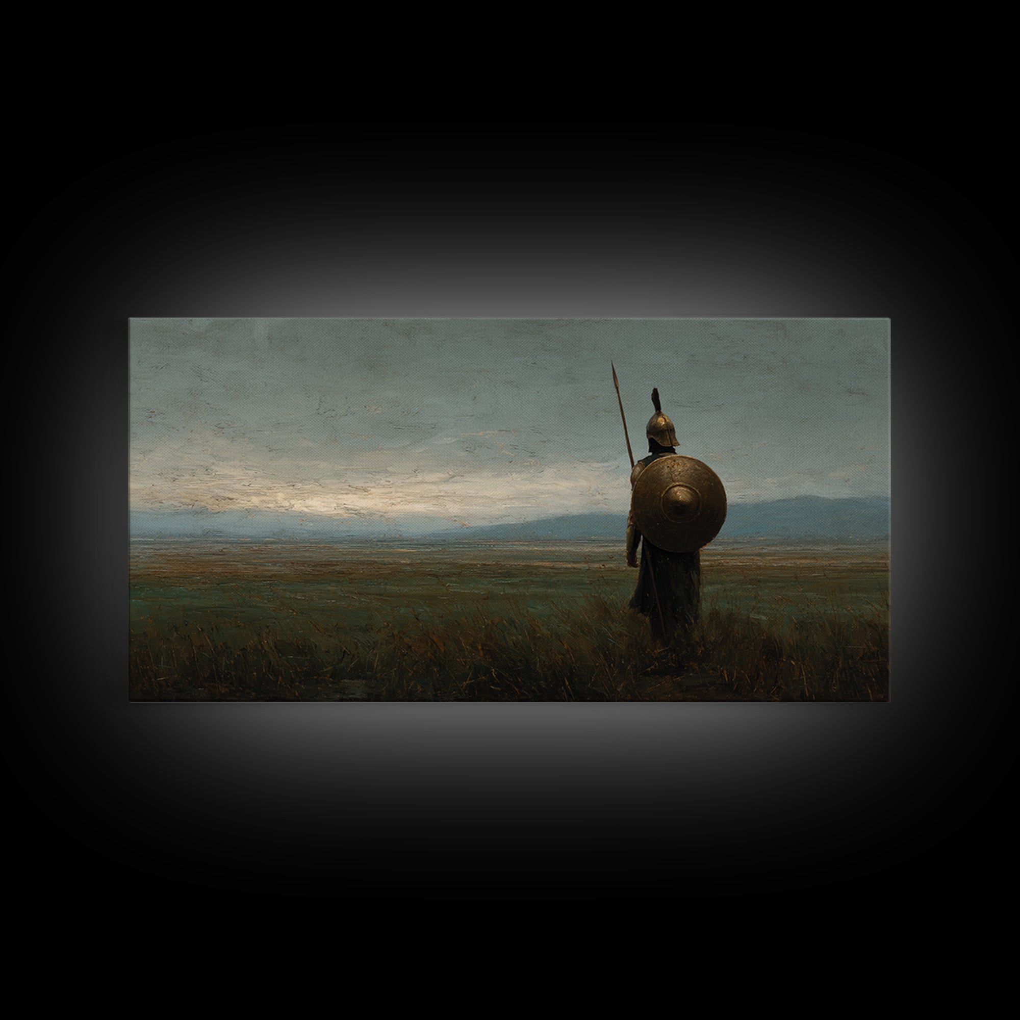 Ancient Shield Warrior In Quiet Field Wall Art Historical Landscape Painting, Greek Soldier Canvas Print For Office Decor