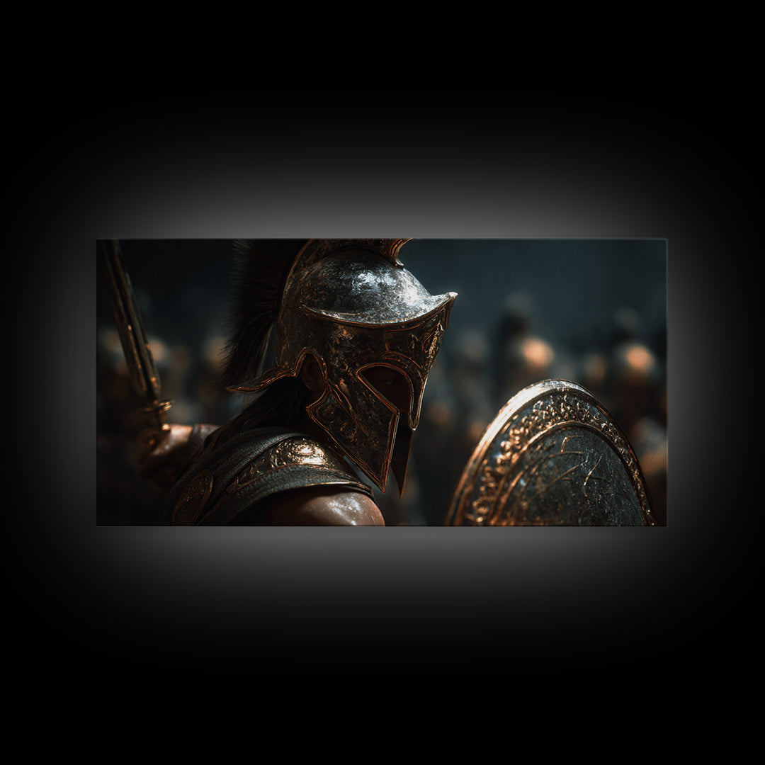 Bronze Spartan Soldier With Shield Framed Canvas Print, Ancient Greek Wall Art, Gladiator Decor, Masculine Office Poster