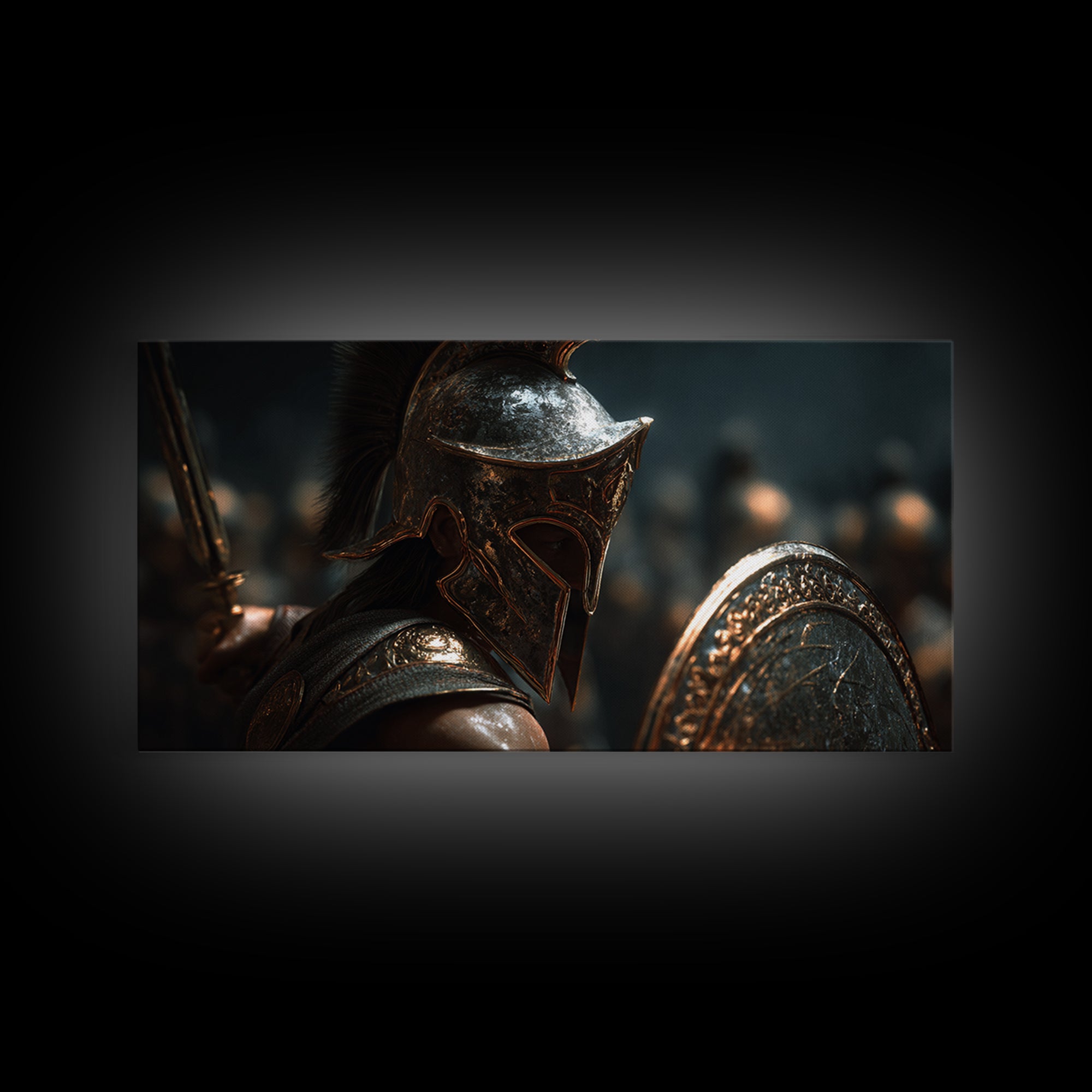 Bronze Spartan Soldier With Shield Framed Canvas Print, Ancient Greek Wall Art, Gladiator Decor, Masculine Office Poster