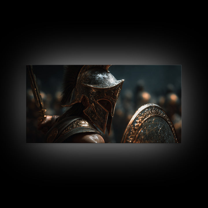 Bronze Spartan Soldier With Shield Framed Canvas Print, Ancient Greek Wall Art, Gladiator Decor, Masculine Office Poster