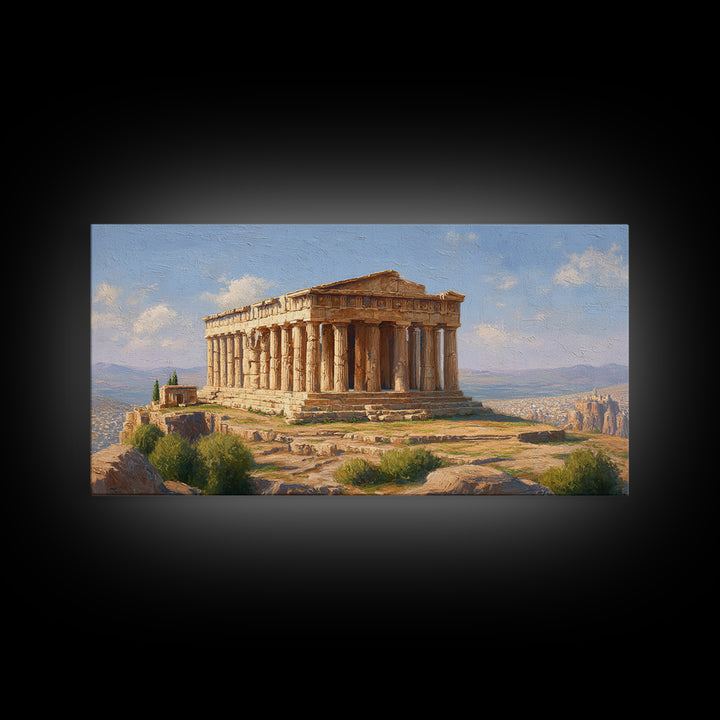 Sunlit Greek Temple Parthenon Wall Art, Ancient Architecture Painting, Mediterranean Landscape, Classic Home Decor Print