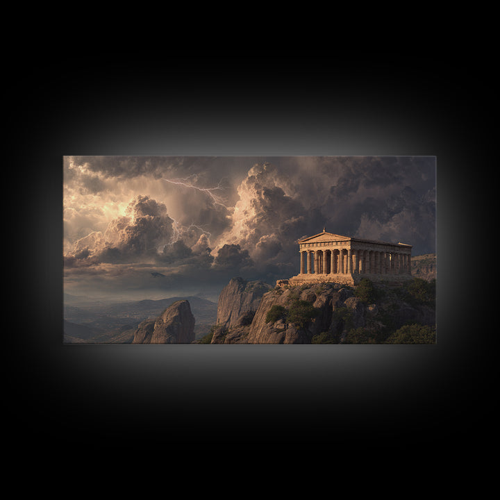 Ancient Greek Temple Storm Over Mountain Cliffs Wall Art, Mythological Landscape, Greece Decor, Dramatic Fine Art Print Poster