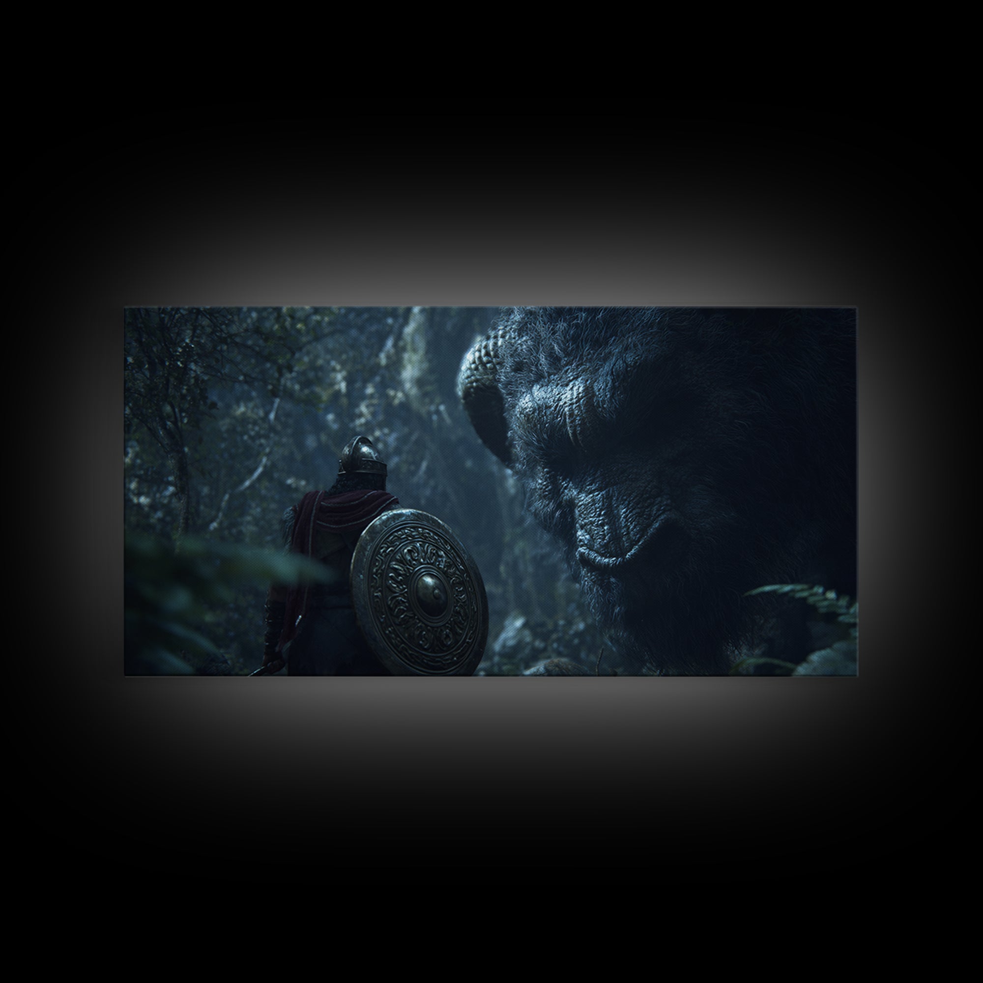 Armored Warrior Facing Giant Forest Bear Framed Canvas Print, Fantasy Art, Animal Wall Art, Dark Wall Art, Unique Gift, Home Decor