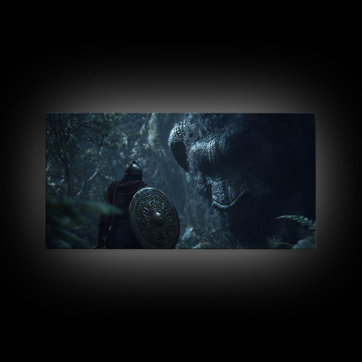 Armored Warrior Facing Giant Forest Bear Framed Canvas Print, Fantasy Art, Animal Wall Art, Dark Wall Art, Unique Gift, Home Decor
