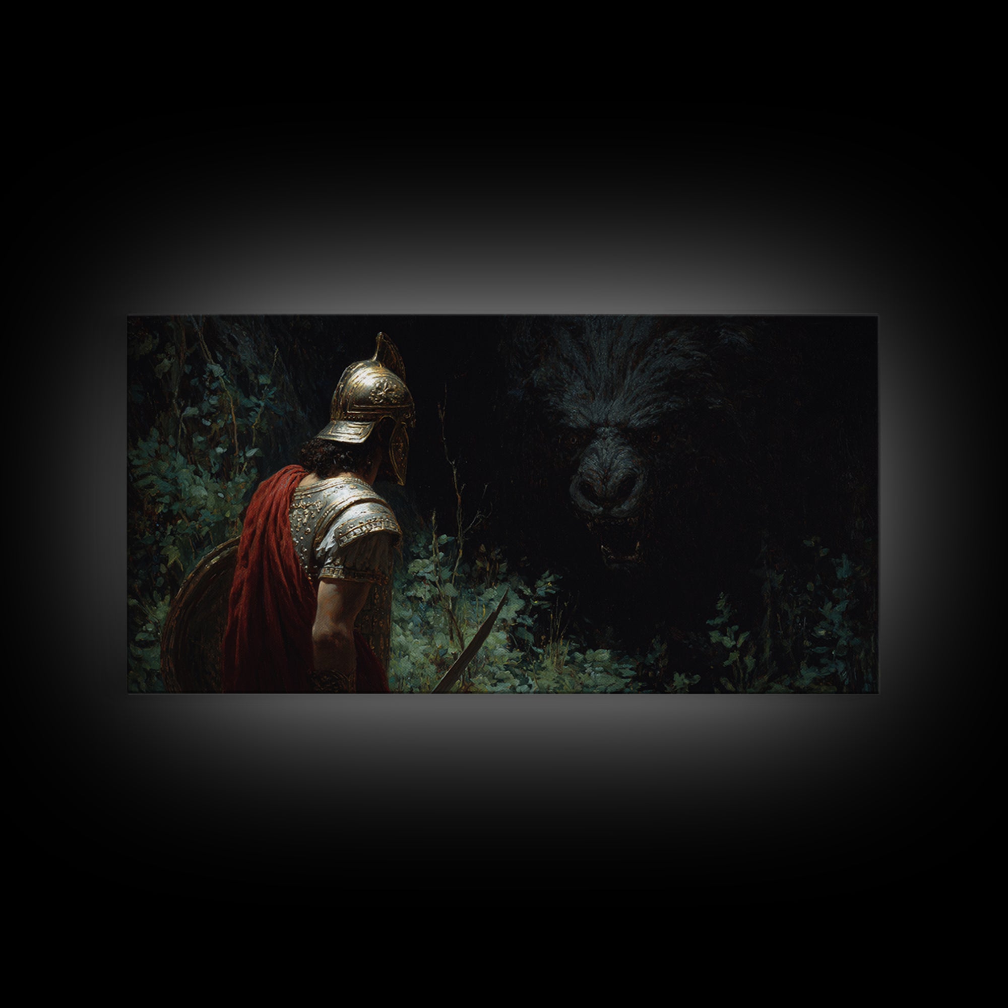 Dark Warrior Facing Bear Framed Canvas Print, Mythic Fantasy Wall Art, Gothic Forest Living Room Decor, Gift For Him, Man Cave