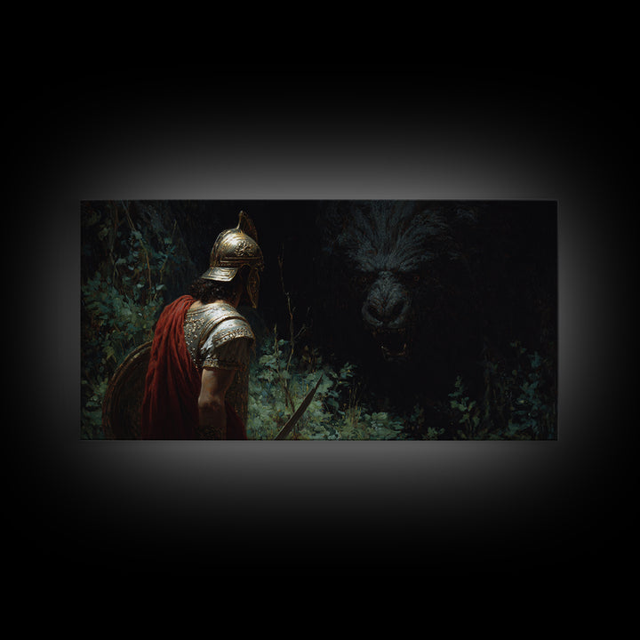 Dark Warrior Facing Bear Framed Canvas Print, Mythic Fantasy Wall Art, Gothic Forest Living Room Decor, Gift For Him, Man Cave