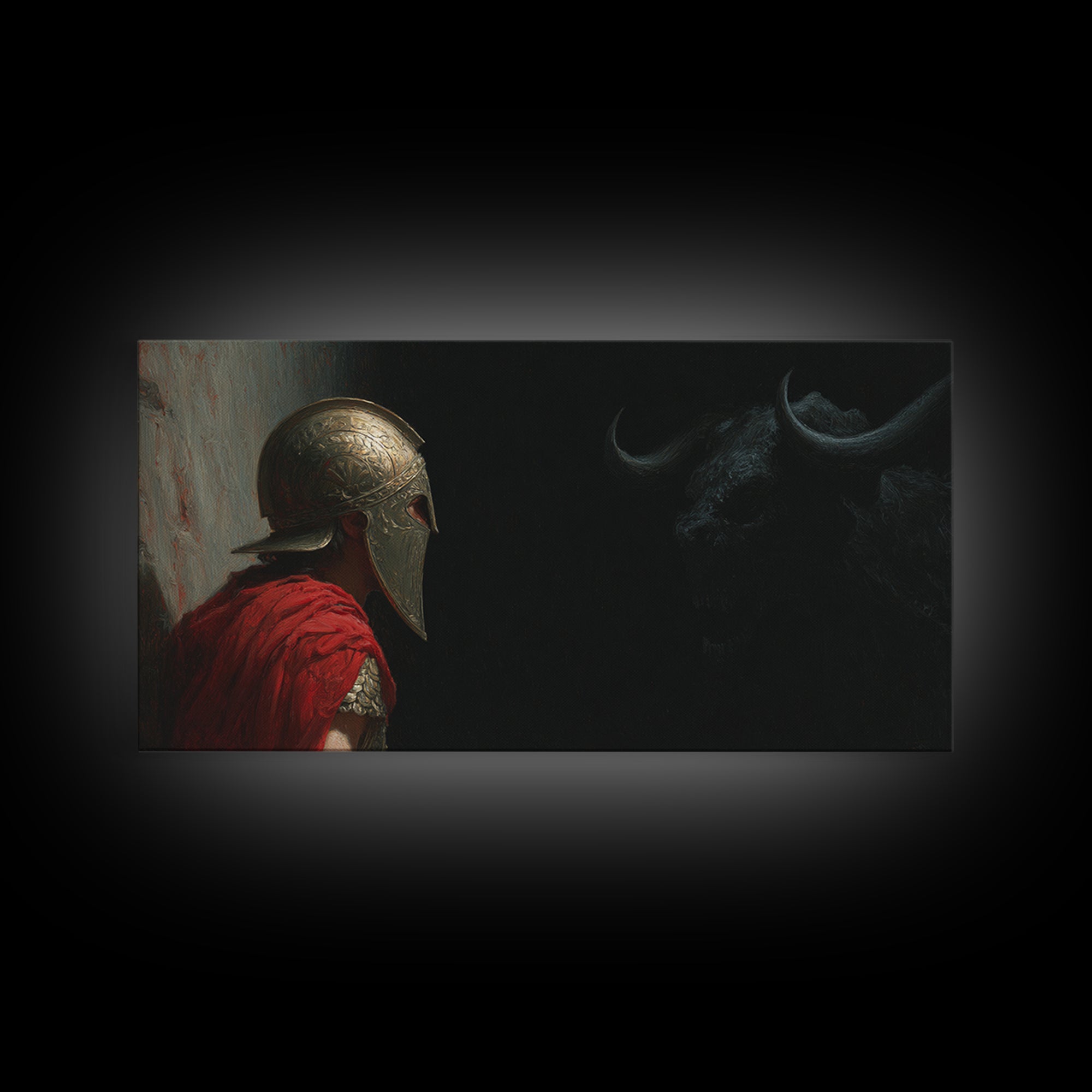 Helmeted Hero Facing Shadow Bull Framed Canvas Print, Mythological Wall Art, Dark Fantasy Decor, Greek Myth Gift For Him