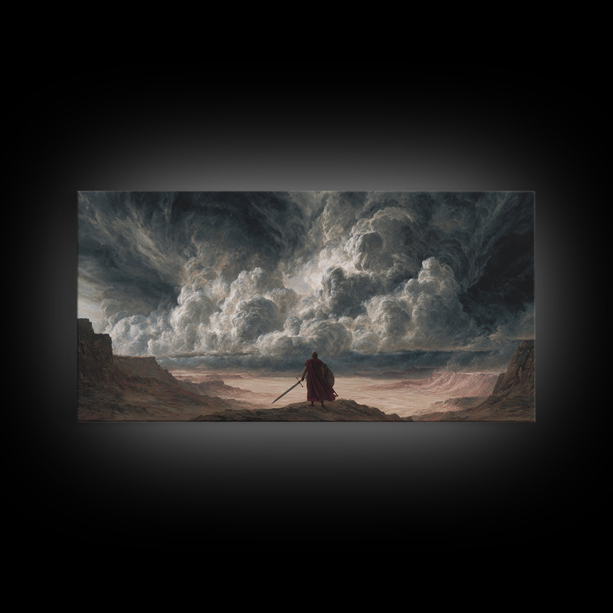 Solitary Warrior Beneath Apocalyptic Storm Canvas Print, Epic Fantasy Wall Art, Dramatic Landscape Decor For Living Room