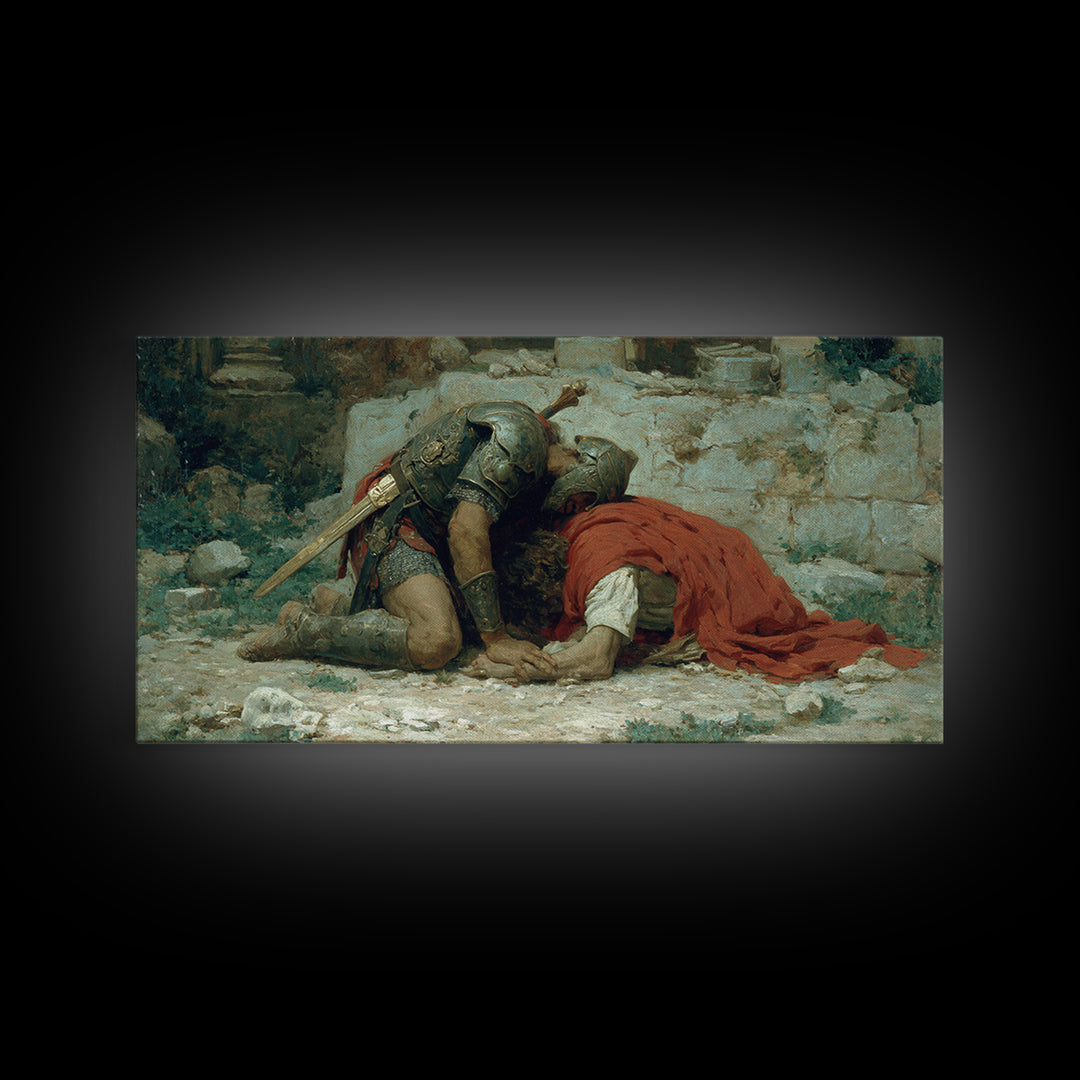 Fallen Knight Mourning In Ruins Wall Art, Medieval Tragedy Canvas Print, Historical Warrior Decor For Living Room And Office