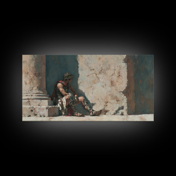 Resting Roman Gladiator In Sunlit Stone Hall Wall Art, Historical Warrior Framed Canvas Print For Classical Home Decor Gift