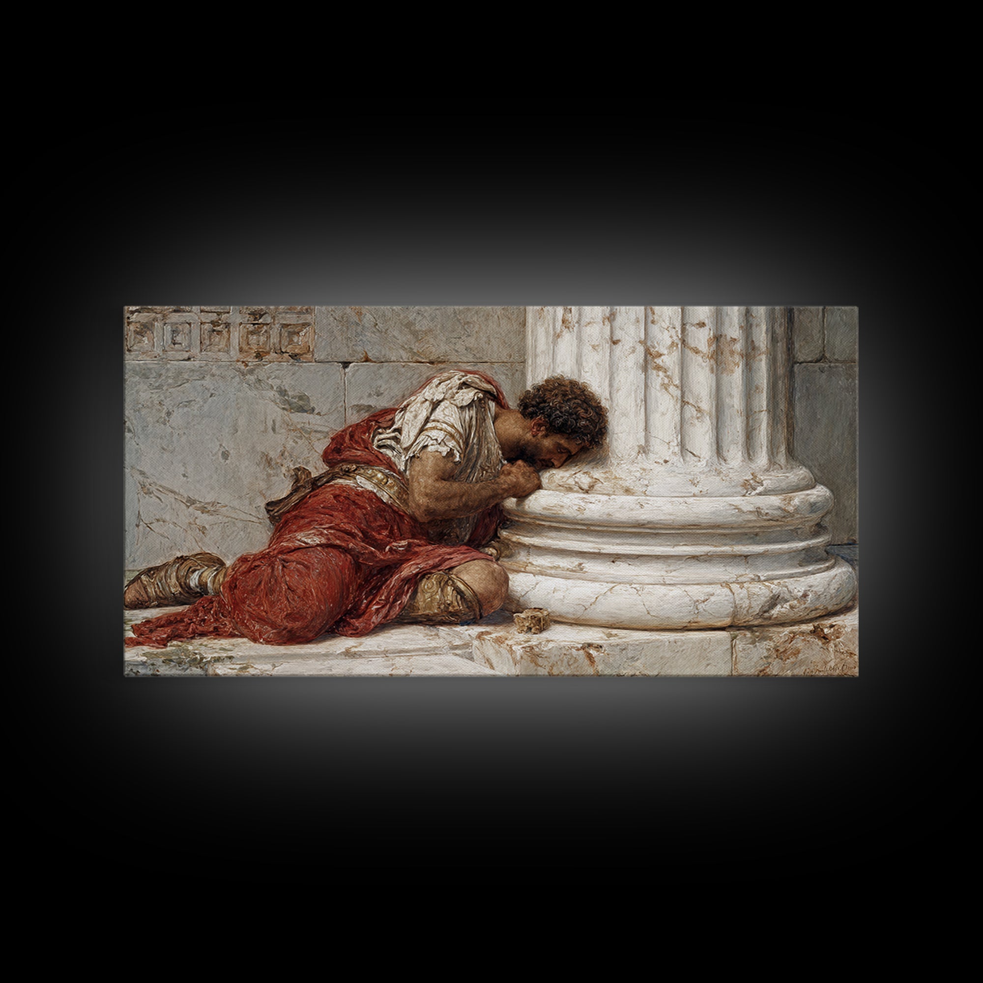 Wounded Roman By Marble Column Framed Canvas Print, Classical History Wall Art, Dark Academia Decor, Ancient Rome Artwork