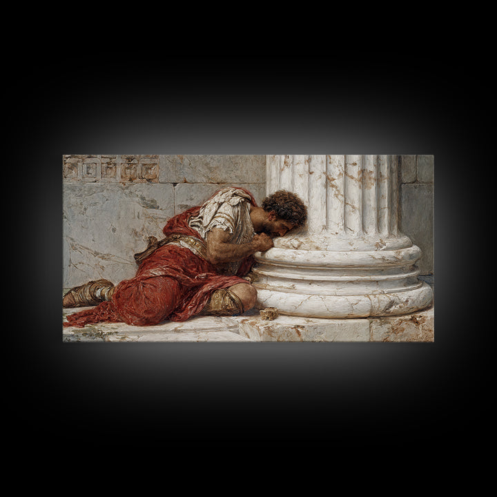Wounded Roman By Marble Column Framed Canvas Print, Classical History Wall Art, Dark Academia Decor, Ancient Rome Artwork