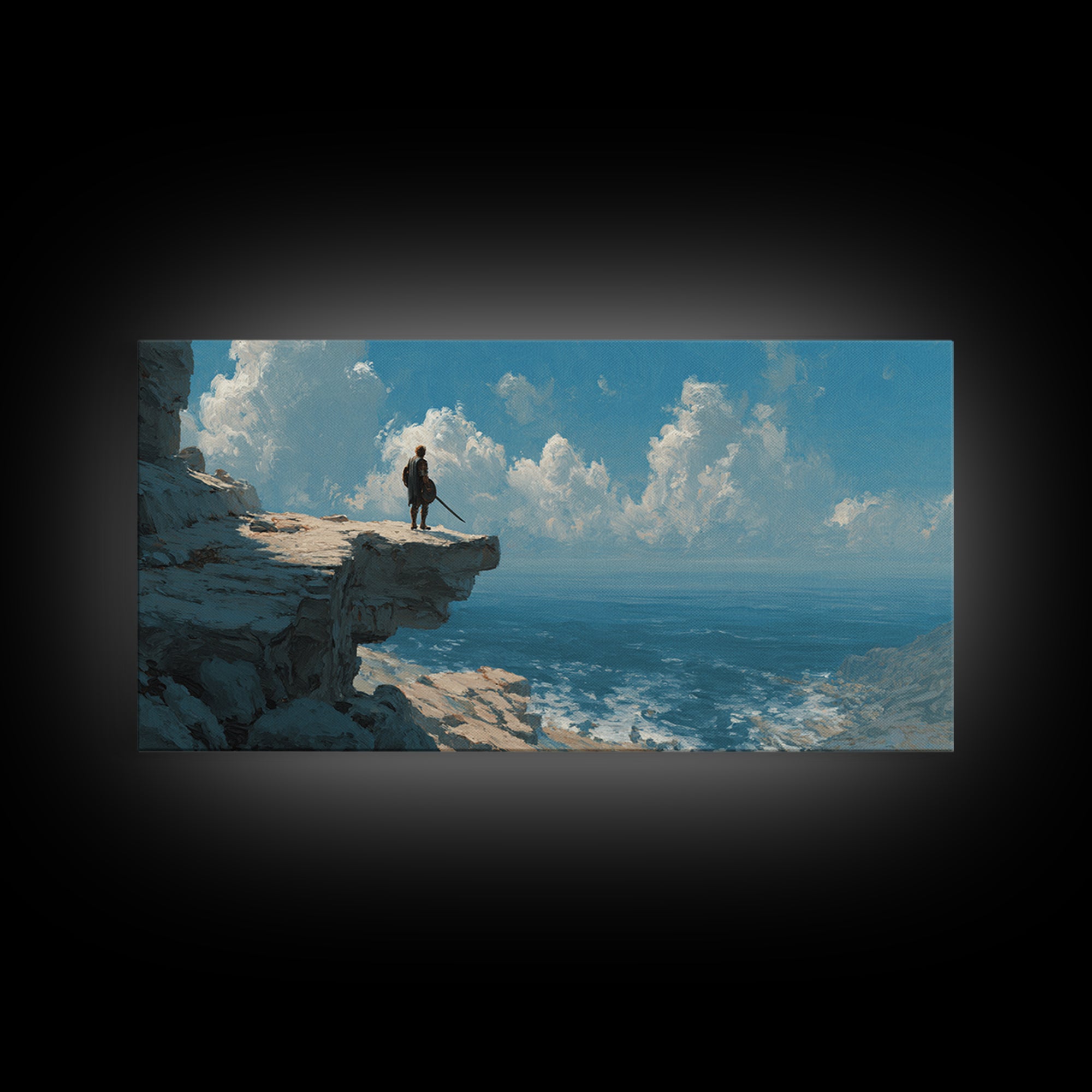 Heroic Warrior Facing Ocean Cliffs Under Cloudscape Landscape Wall Art Canvas Print Epic Adventure Outdoor Painting Decor