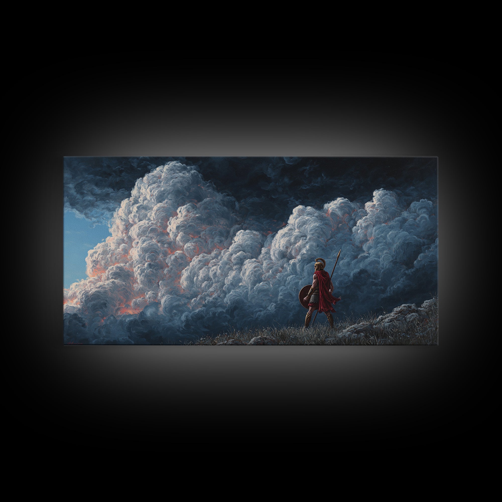Small Warrior Before Towering Storm Clouds Wall Art, Dramatic Fantasy Canvas Print For Kids Room Decor And Moody Home Decor