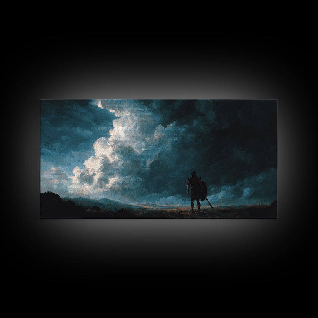 Lone Warrior Beneath Storm Clouds Canvas Print, Moody Landscape Wall Art, Dark Fantasy Decor, Masculine Office Art, Gift For Him