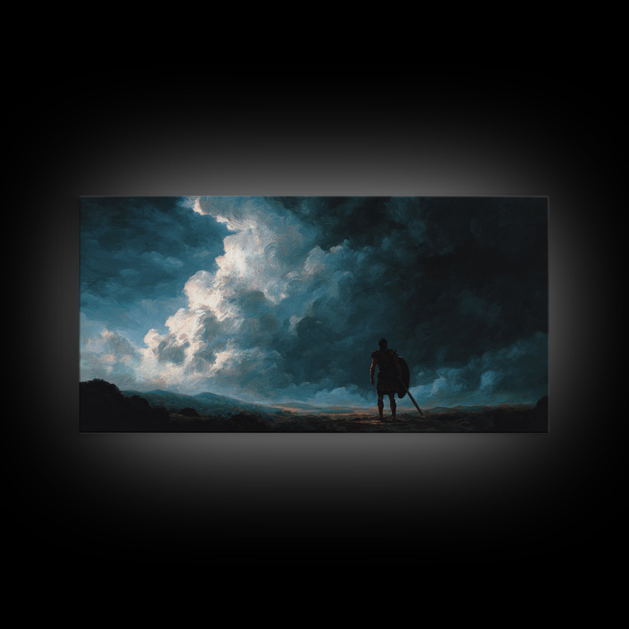 Lone Warrior Beneath Storm Clouds Canvas Print, Moody Landscape Wall Art, Dark Fantasy Decor, Masculine Office Art, Gift For Him