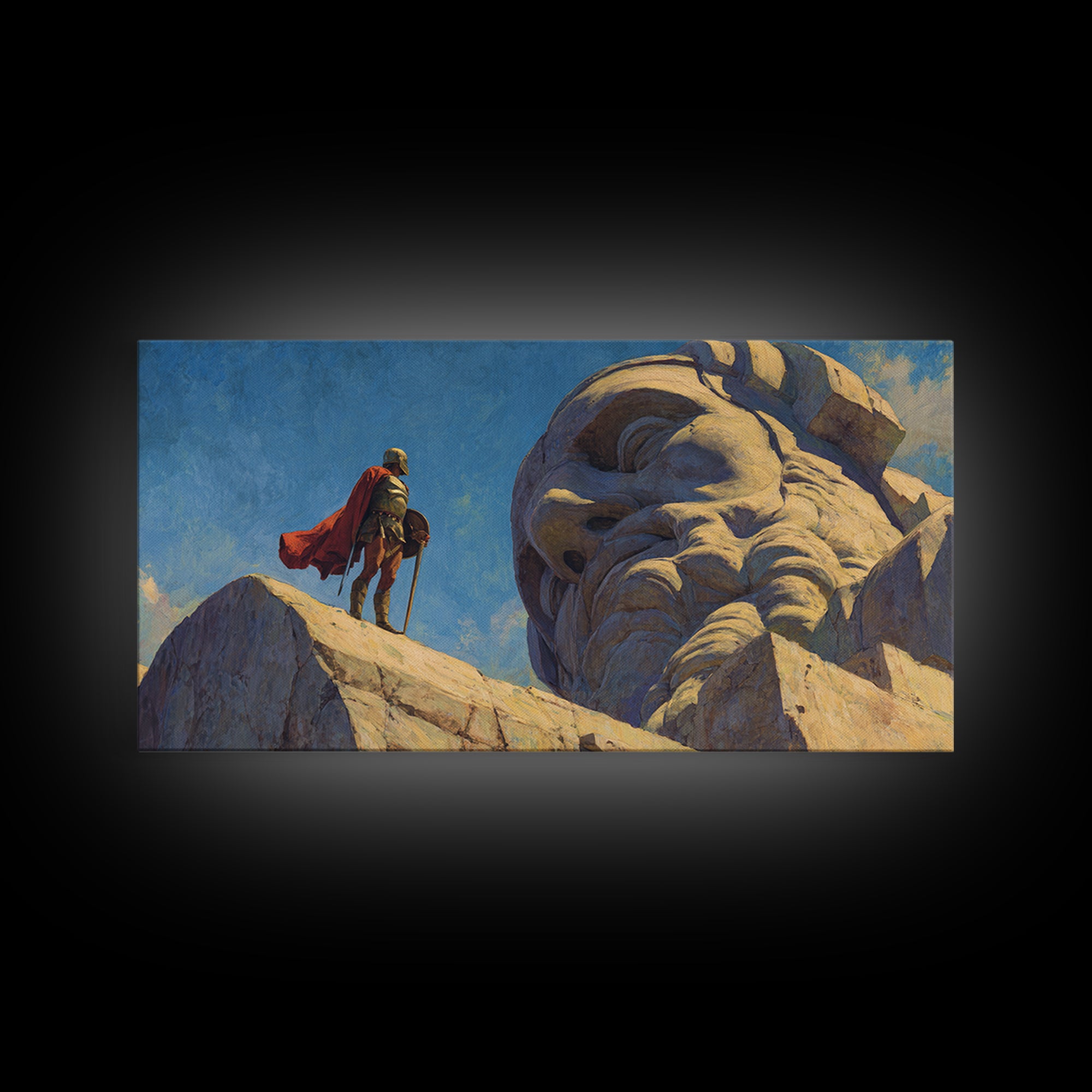 Knight Beside Giant Ancient Statue Wall Art, Epic Fantasy Landscape, Medieval Canvas Decor, Dramatic Office Art Print For Living Room