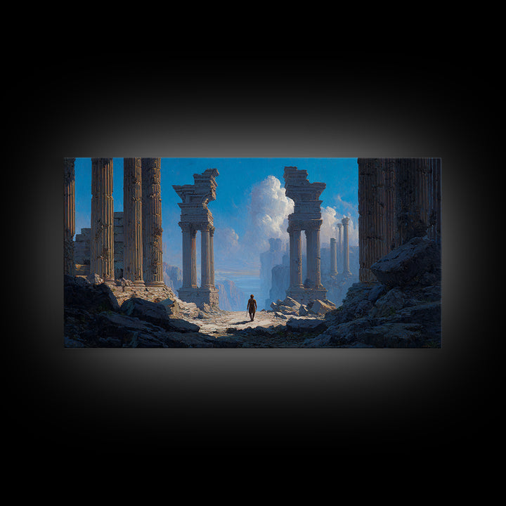 Ancient Ruins With Lone Wanderer Wall Art, Fantasy Landscape Print, Epic Temple Decor, Blue Adventure Canvas, For Living Room Decor