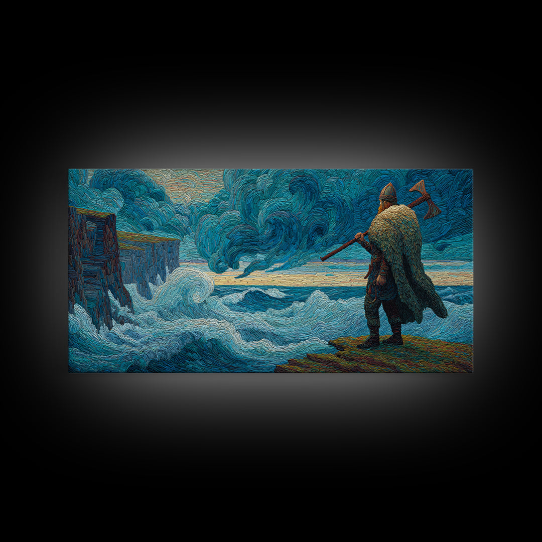Viking Warrior Facing Blue Storm Waves Wall Art, Nautical Art, Fantasy Art, Textured Wall Art, Ocean Wall Art, Coastal Decor