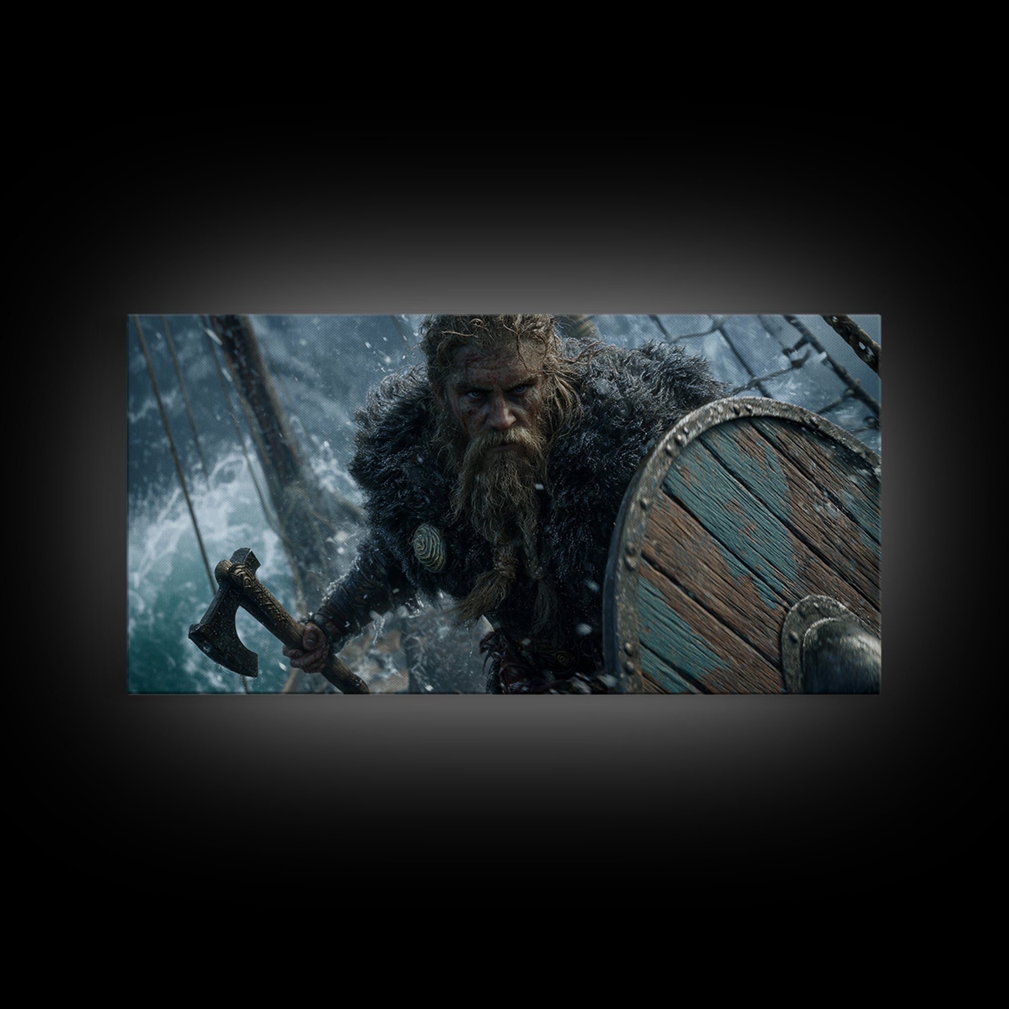 Dramatic Viking Warrior With Beard Holding Axe And Wooden Shield Battle Scene Wall Art Canvas Print