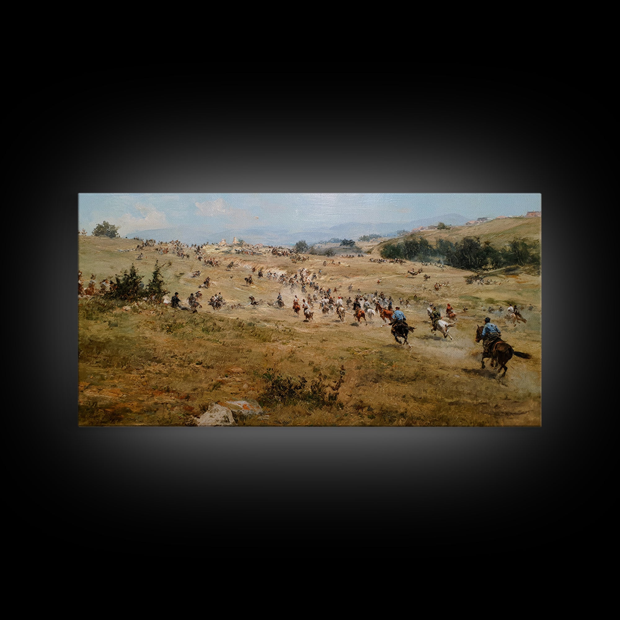 Cavalry Charge Across Rolling Hills Wall Art, Historical Battle Canvas Print For Rustic Living Room Decor And Office Decor