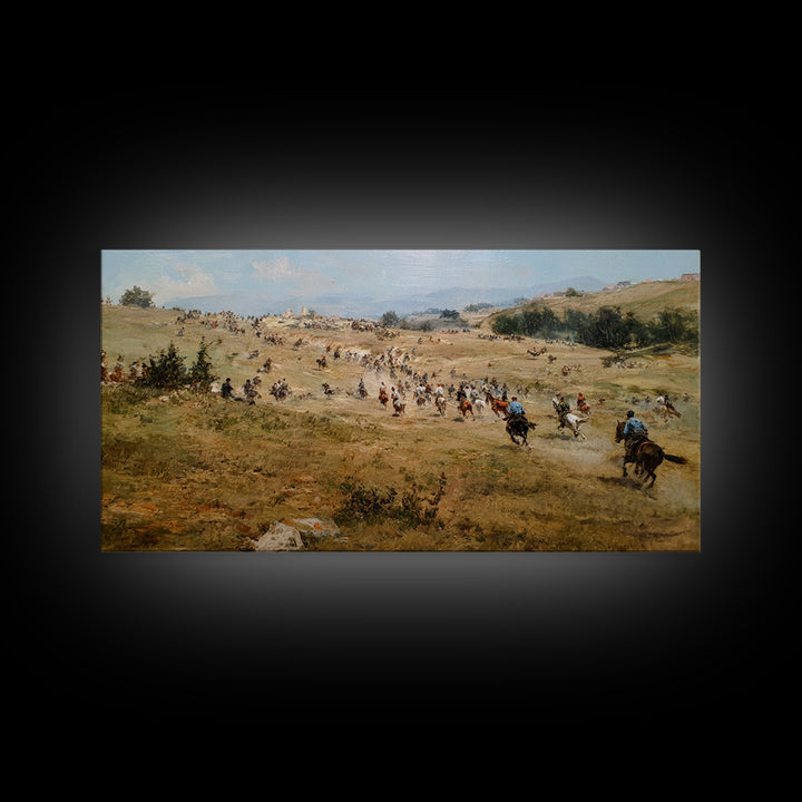 Cavalry Charge Across Rolling Hills Wall Art, Historical Battle Canvas Print For Rustic Living Room Decor And Office Decor