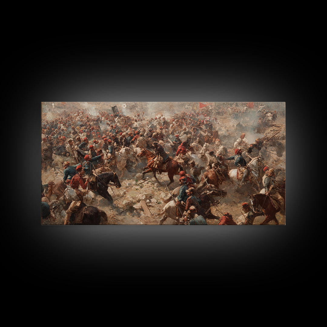 Panoramic Cavalry Charge In Dusty Battle Wall Art, Historic War Canvas Print, Large Living Room Decor, Equestrian Art Print