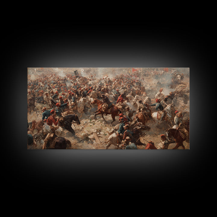 Panoramic Cavalry Charge In Dusty Battle Wall Art, Historic War Canvas Print, Large Living Room Decor, Equestrian Art Print