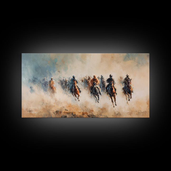 Galloping Horse Riders In Dust Canvas Print, Western Wall Art, Abstract Landscape, Rustic Ranch Decor, Gift For Horse Lover