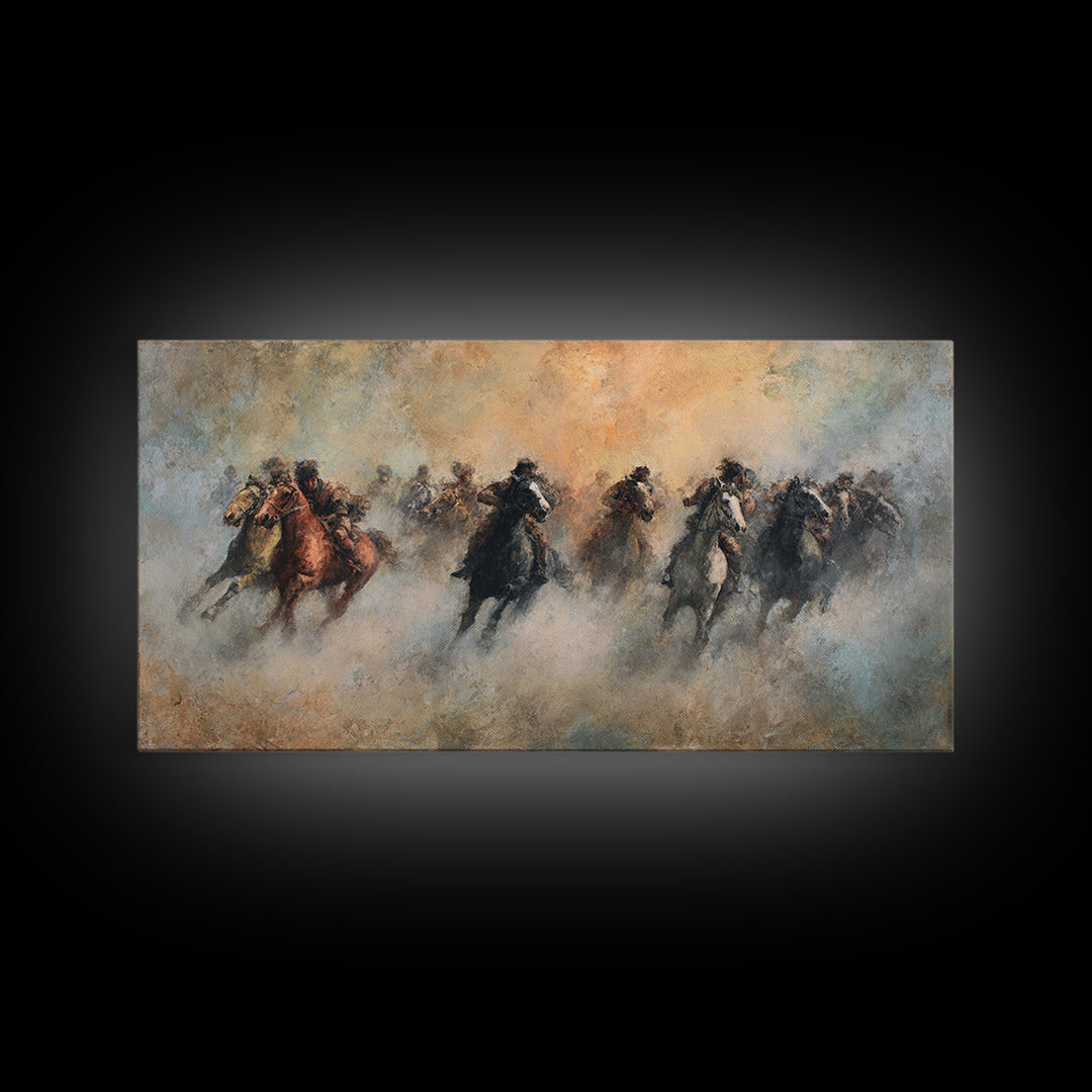 Galloping Horses In Dust Canvas Print, Equestrian Wall Art, Western Horse Racing Decor, Rustic Living Room Decor, Gift For Horse Lover