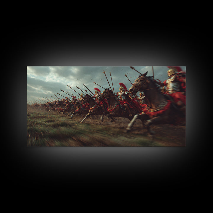 Ancient Cavalry Charge Across Battlefield Wall Art, Horse Racing Battle Canvas Print, Greek Warrior Decor, Dramatic History Poster