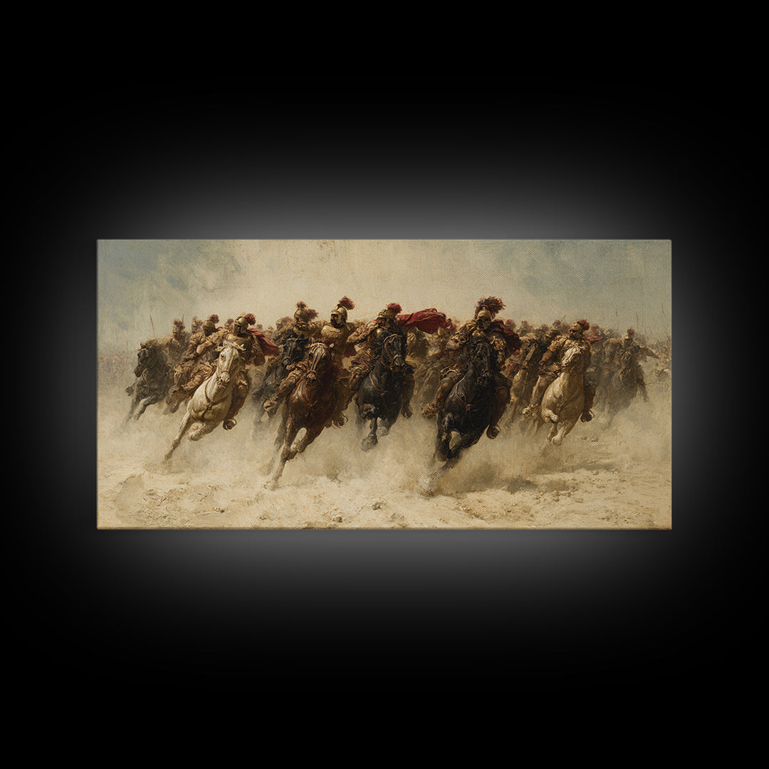 Charging Cavalry Across Dusty Plains Canvas Print, Equestrian Battle Wall Art, Western Horse Decor, Statement Living Room Art
