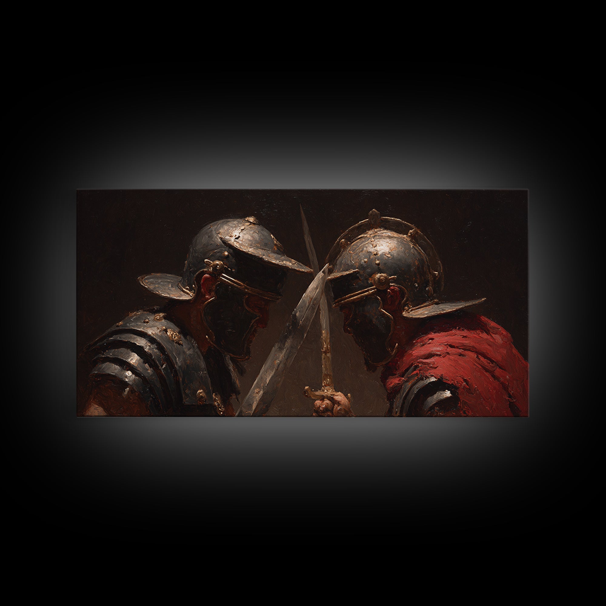 Close Combat Helmeted Knights Crossing Swords Framed Canvas Print, Medieval Duel Wall Art, Dark Academia Office Decor Gift