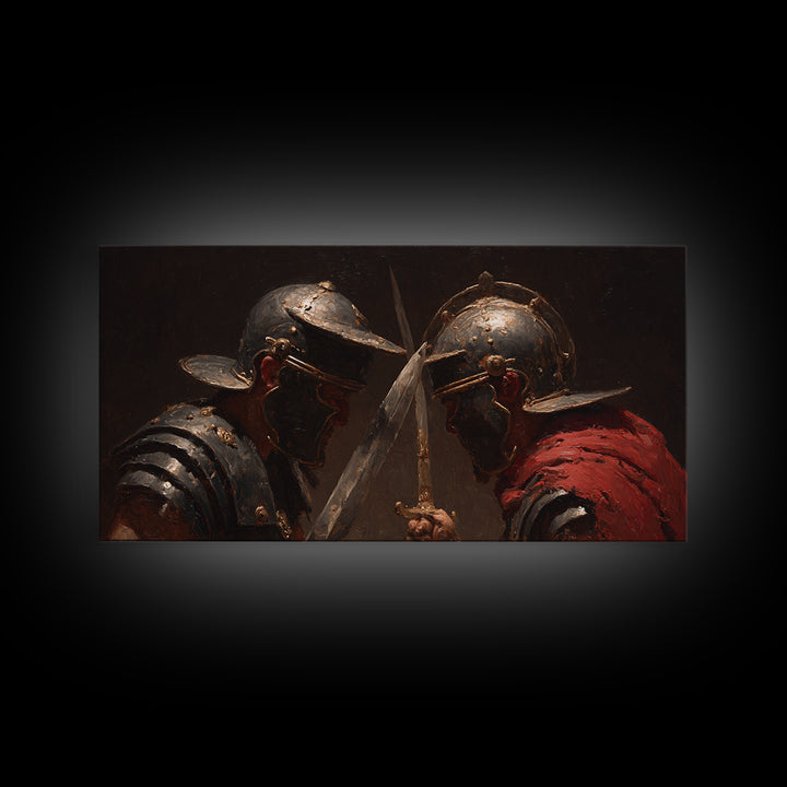 Close Combat Helmeted Knights Crossing Swords Framed Canvas Print, Medieval Duel Wall Art, Dark Academia Office Decor Gift