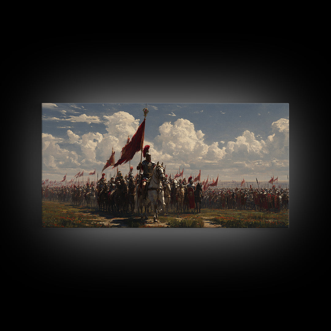 Mounted Knight Army With Red Banner Framed Canvas Print, Medieval Battle Wall Decor, Historical Art, Living Room Decor, Statement Artwork