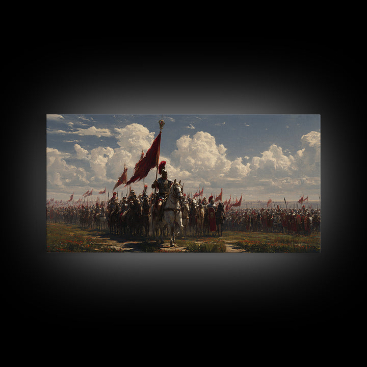 Mounted Knight Army With Red Banner Framed Canvas Print, Medieval Battle Wall Decor, Historical Art, Living Room Decor, Statement Artwork