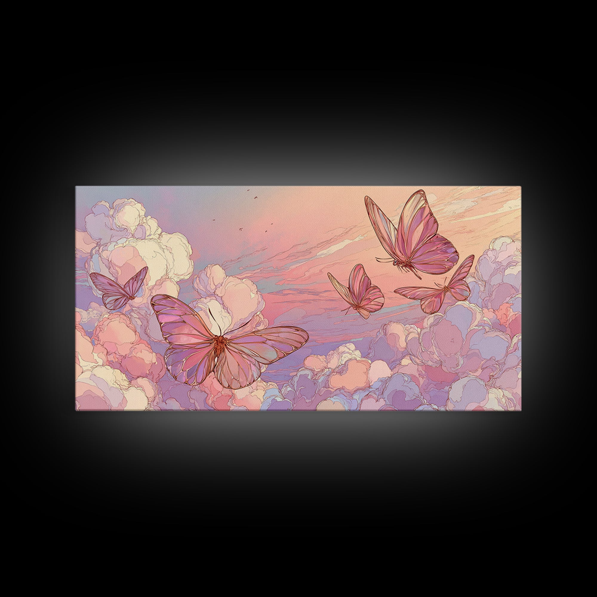 Pastel Butterfly Clouds Wall Art, Dreamy Pink Sky Illustration, Whimsical Nursery Decor, Celestial Bedroom Print For Girls Room