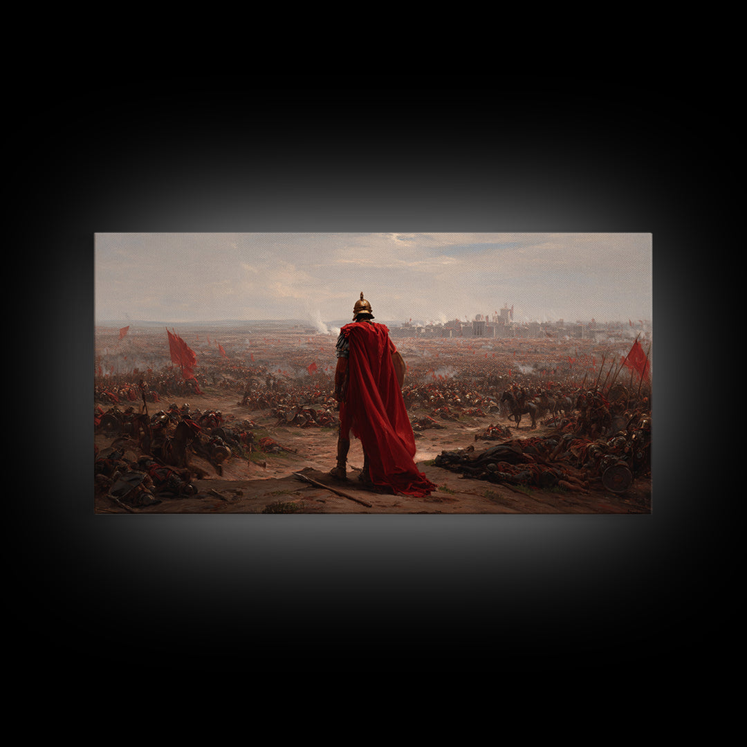 Roman General Over Epic Battlefield Framed Canvas Print, Ancient War Landscape Wall Art, Historical Decor For Living Room