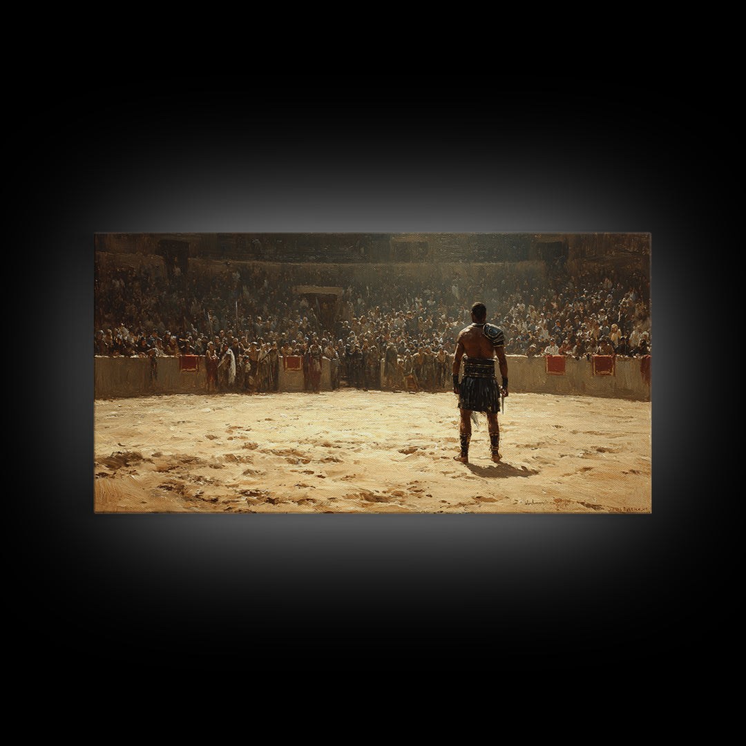 Gladiator Facing Roaring Arena Wall Art, Ancient Rome Warrior Canvas Decor, Historical Battle Painting For Man Cave Decor