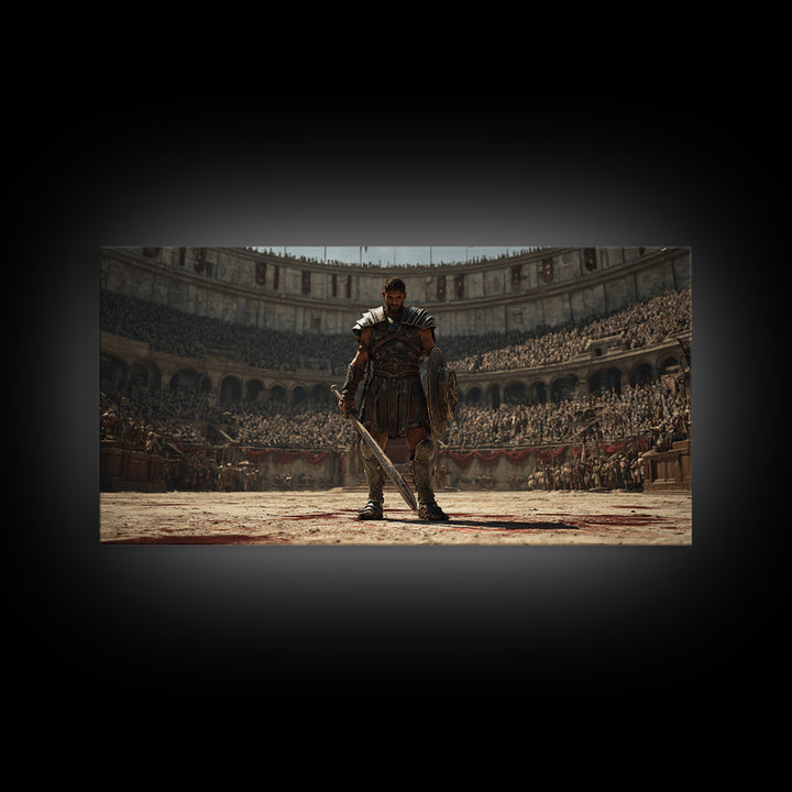 Majestic Gladiator In Arena With Sword And Shield Large Wall Art Framed Canvas Print For Man Cave Decor And Historical Art Prints