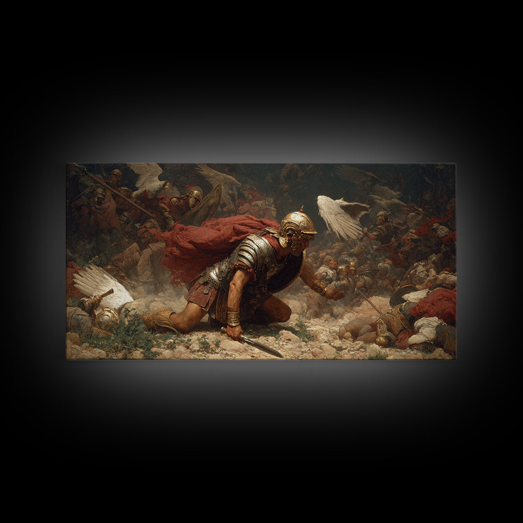 Fallen Roman Soldier In Chaotic Battle Framed Canvas Print, Classical War Wall Decor, Baroque History Art, Dark Academia