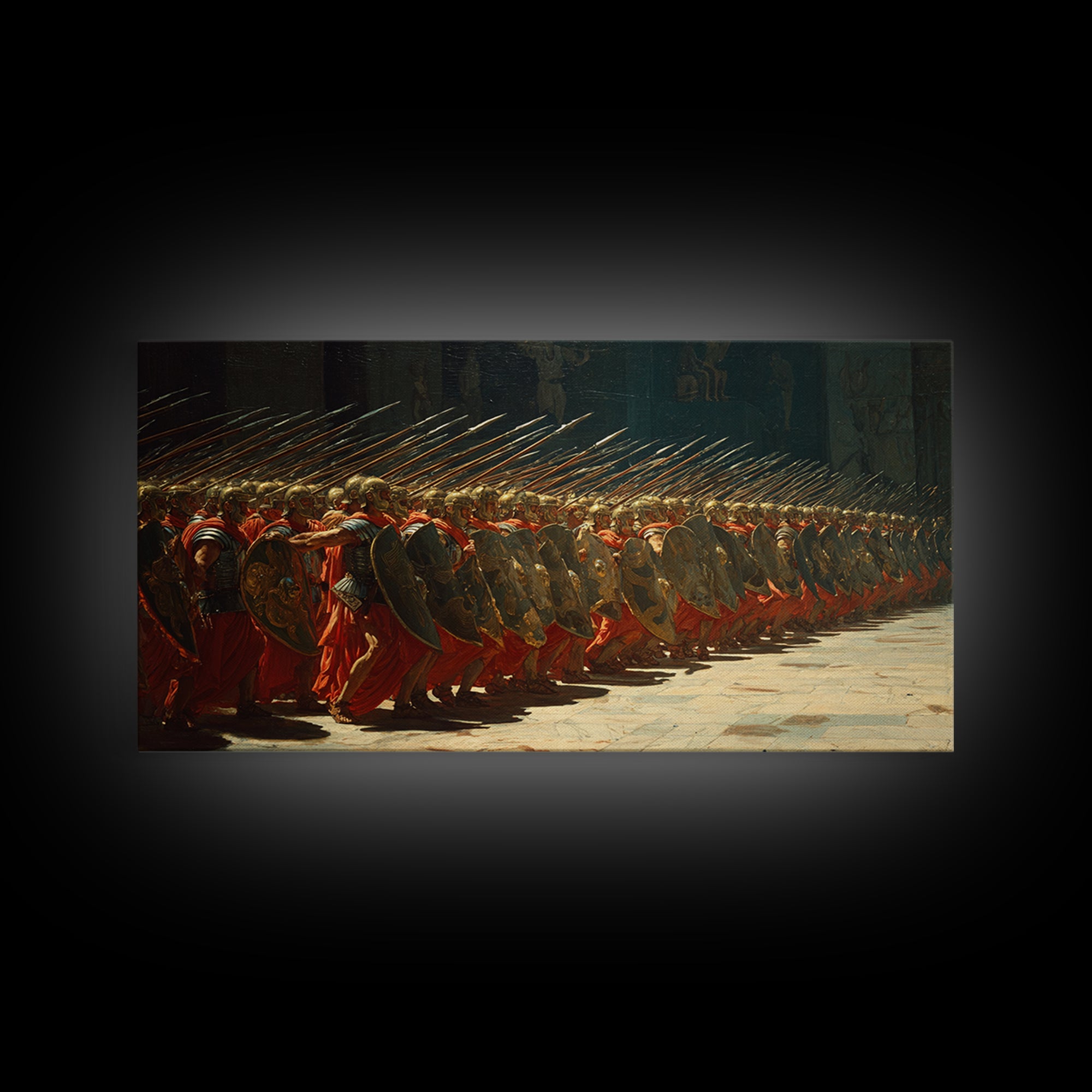 Ancient Phalanx Soldiers With Spears Framed Canvas Print, Greek Warrior Wall Art, Classical Battle Decor For Study And Office