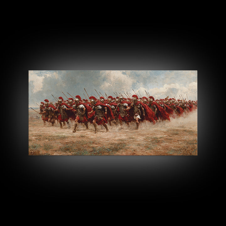 Roman Cavalry Charge Across Dusty Field Canvas Print, Historical Art, Horse Wall Art, Western Decor, Large Wall Art, Living Room Decor