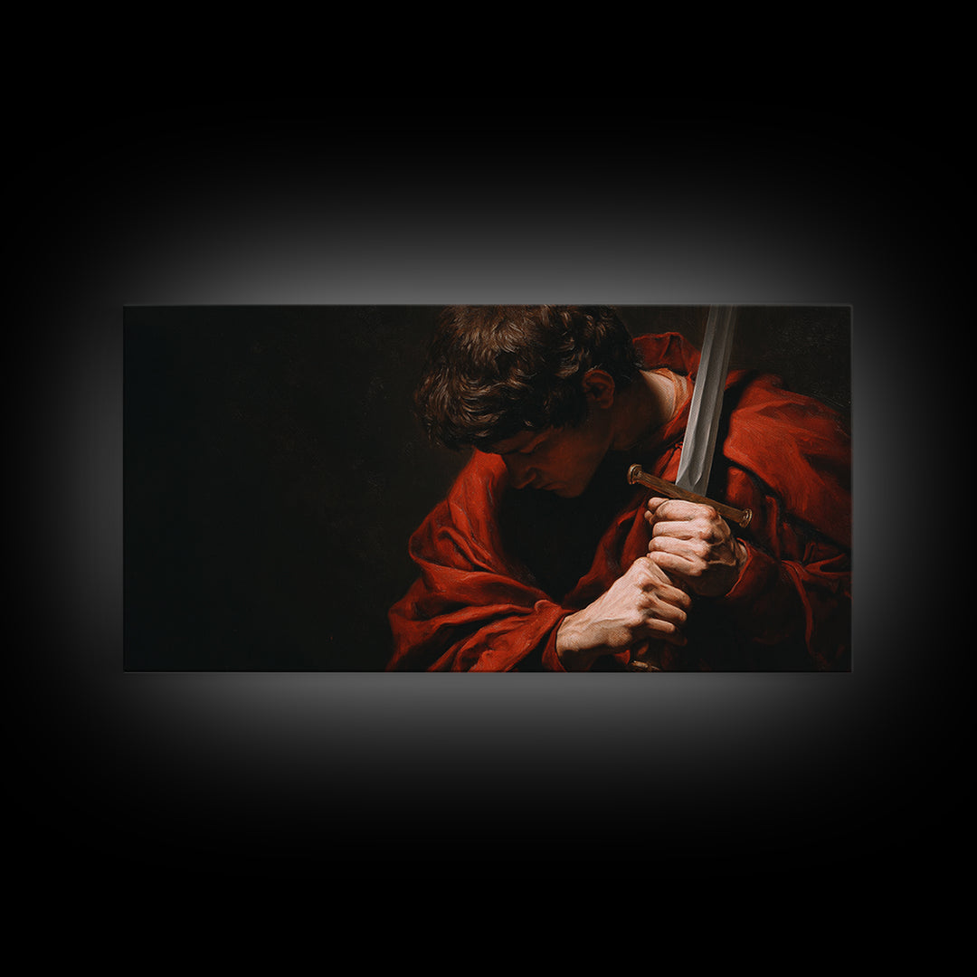 Red Cloaked Swordsman In Shadow Framed Canvas Print, Medieval Portrait Wall Art, Dark Academia Office Decor, Gift For Him